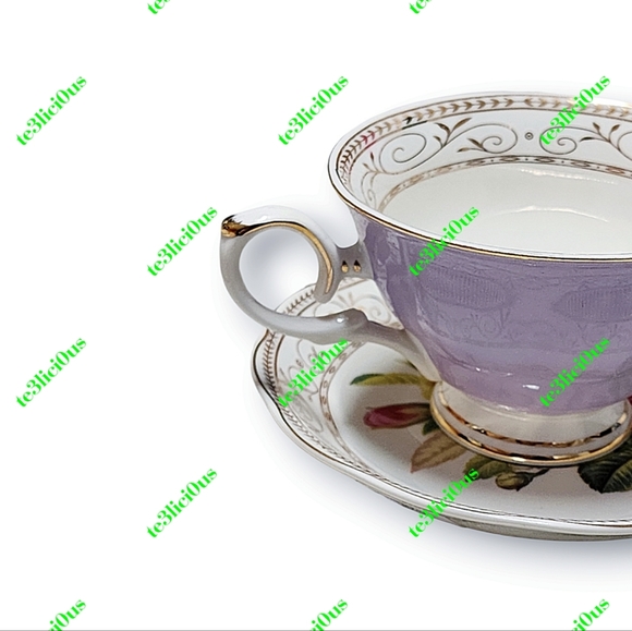 GRACE TEAWARE LAVENDER FLORAL ROSE GOLD TRIM FINE PORCELAIN TEACUP & SAUCER - Picture 8 of 15